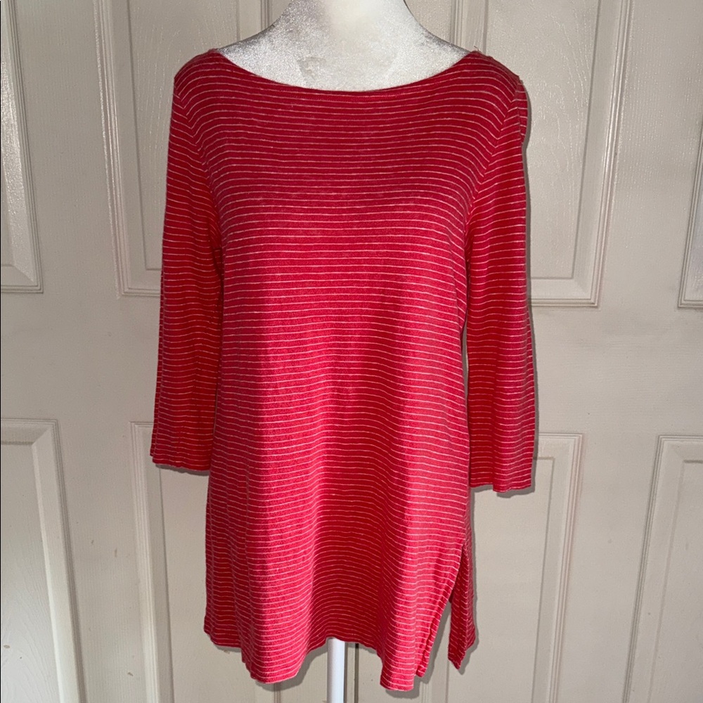 Eileen Fisher Red With White Pinstripe Linen Boatneck 3/4 Sleeve Tunic Top